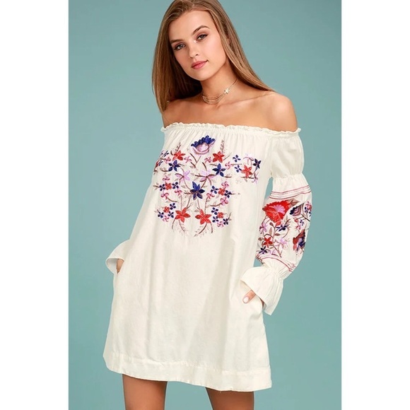 Free People Fleur Du Jour Cream Floral Embroidery Off the Shoulder Peasant Dress - Picture 2 of 11